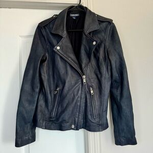 Tommy Hilfiger Genuine Leather Navy Blue Moto Jacket Womens Medium 💙